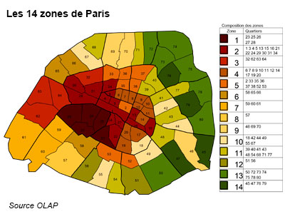 carte du zonage créé par l'Observatoire des loyers de Paris