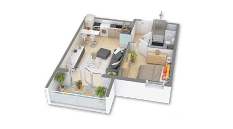 Plan en 3D d’un 2 pièces - appartement à Corbeil Essonnes