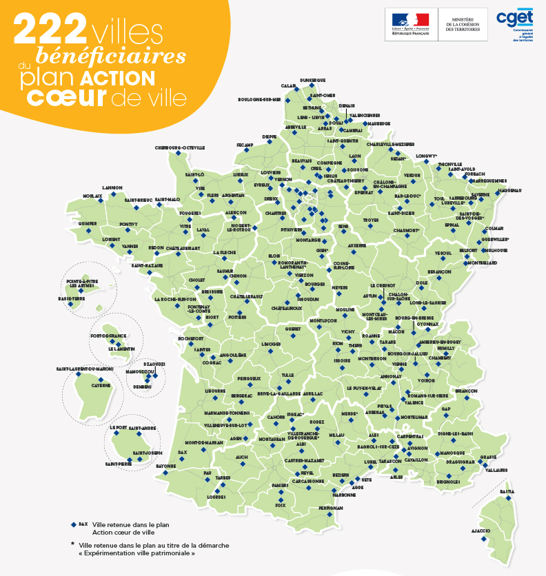 carte des villes éligibles à l'Action coeur de Ville