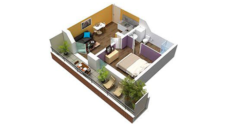 plan 3D d’appartement deux pièces