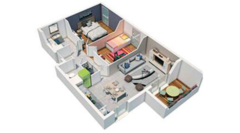 Vue en 3D d’un appartement trois pièces