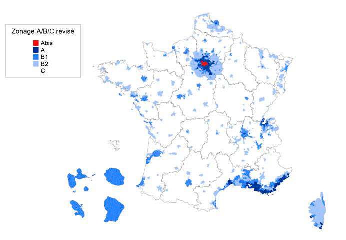 Carte de France indiquant les zones A, A bis, B1 et B2
